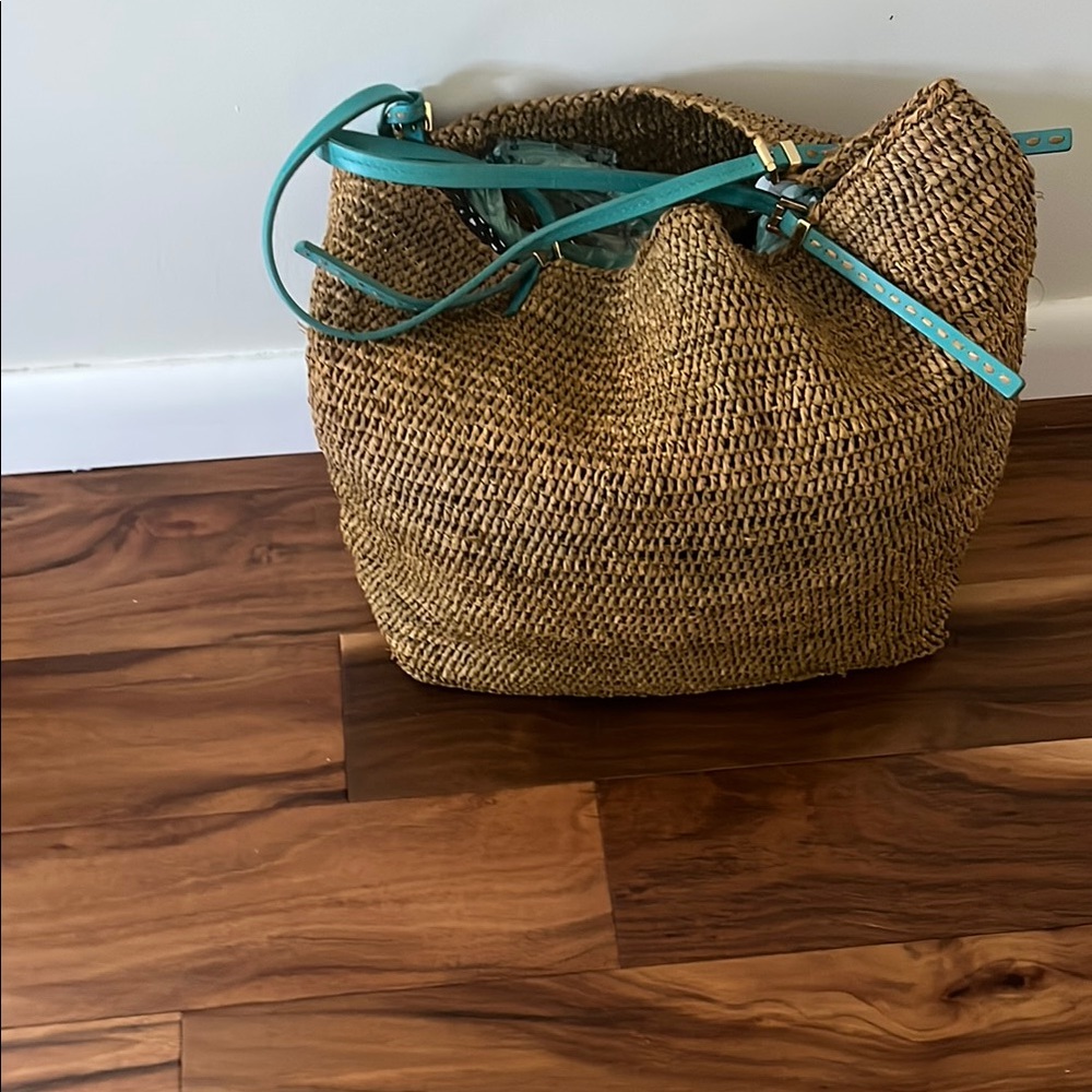Woven Straw Bag with Teal Accents - Picture 4 of 4
